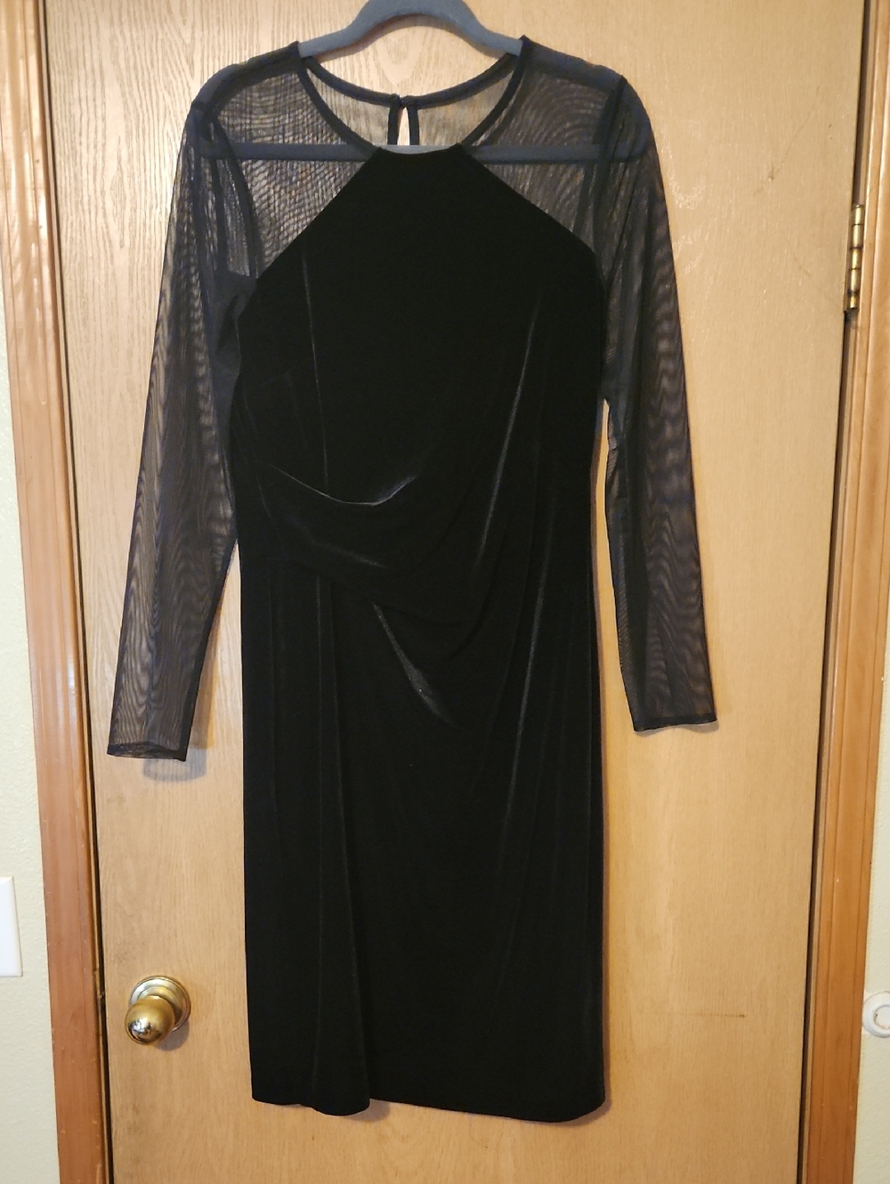 Vince Camuto Black Velvet Dress with Sheer Long Mesh Sleeves